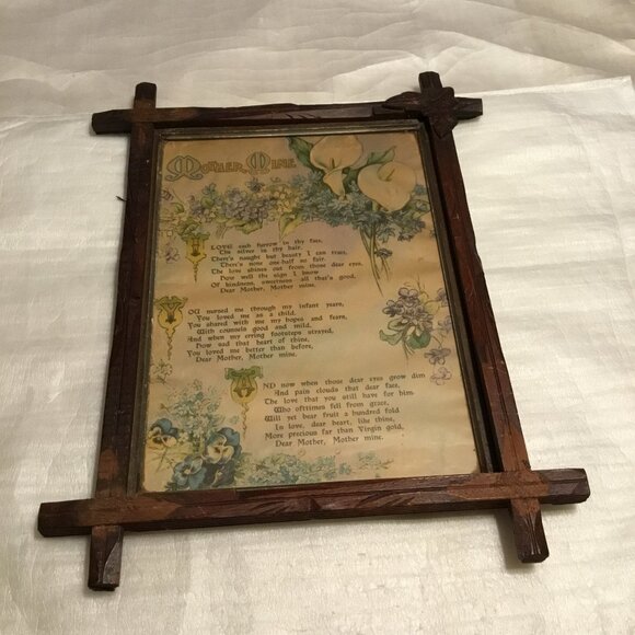 Antique Mother Mine watercolor like print framed behind glass tramp art frame - Picture 15 of 15